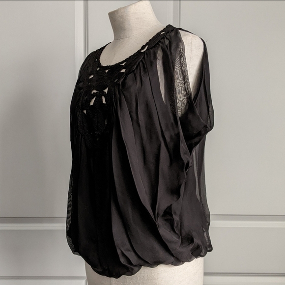 Leon Max Blouse 100% Silk Sleeveless Embroidered Sheer Overlay Lined Black L NWT - Picture 11 of 15